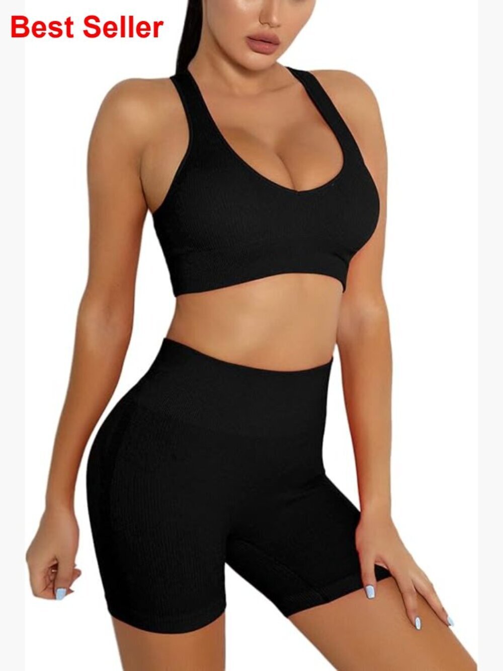 Seamless Nylon Elastane Workout Set Racerback Tank Top Biker Shorts